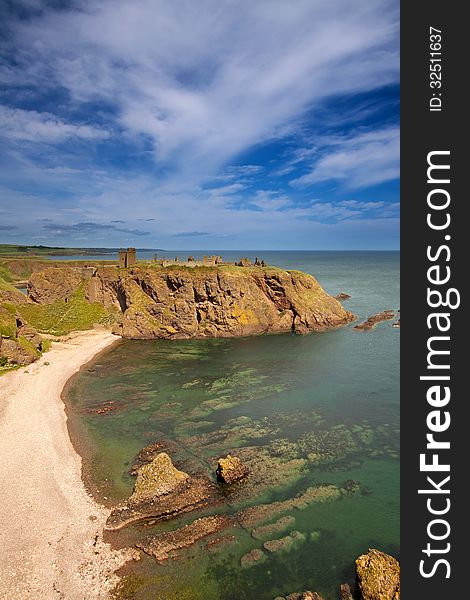 Dunnottar Castle, Aberdeenshire, Scotland is a spectacular ruined medieval cliff-top fortress dating to the fourteenth century and with historic connections to Mary Queen of Scots, James 6th and Oliver Cromwell.