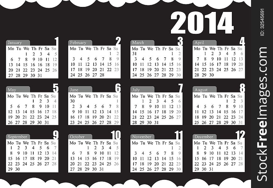 Calendar for the year of 2014 black & white. Calendar for the year of 2014 black & white