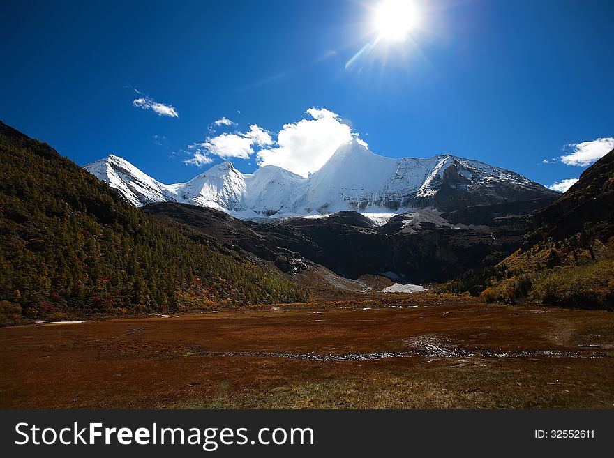 Snow-capped mountains, sunshine and red grass. Snow-capped mountains, sunshine and red grass