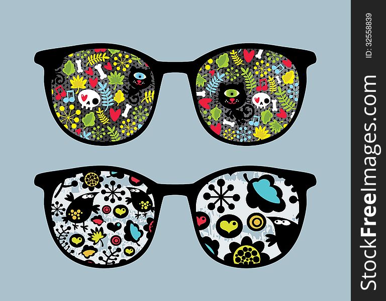 Retro sunglasses with cats and birds reflection in it. Vector illustration of accessory - isolated eyeglasses. Retro sunglasses with cats and birds reflection in it. Vector illustration of accessory - isolated eyeglasses.