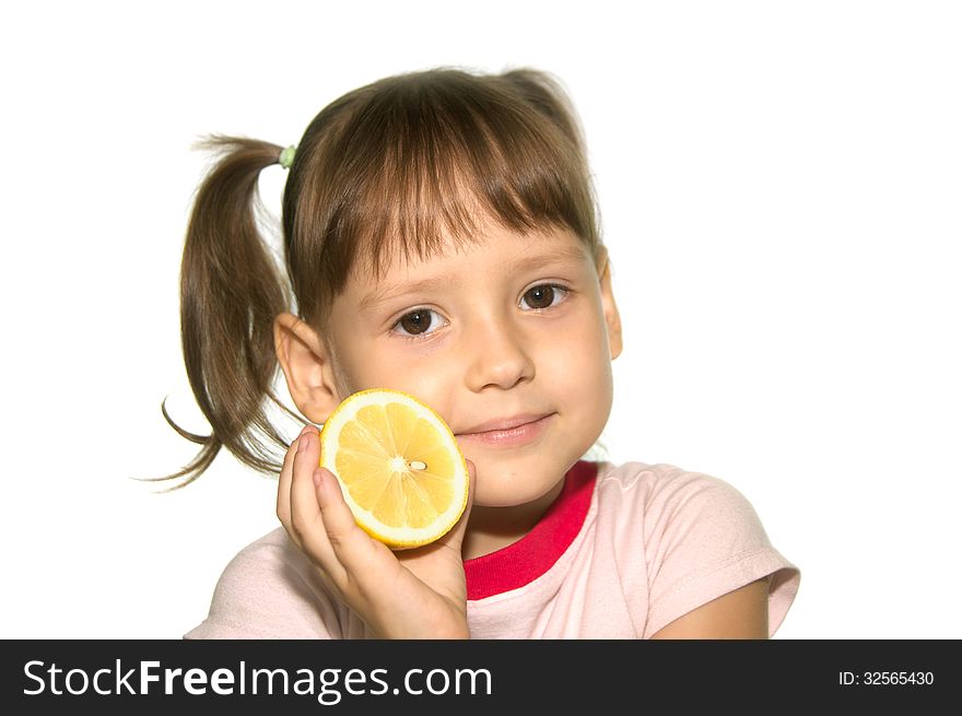 Cute Little girl with yellow fruit isolated on white