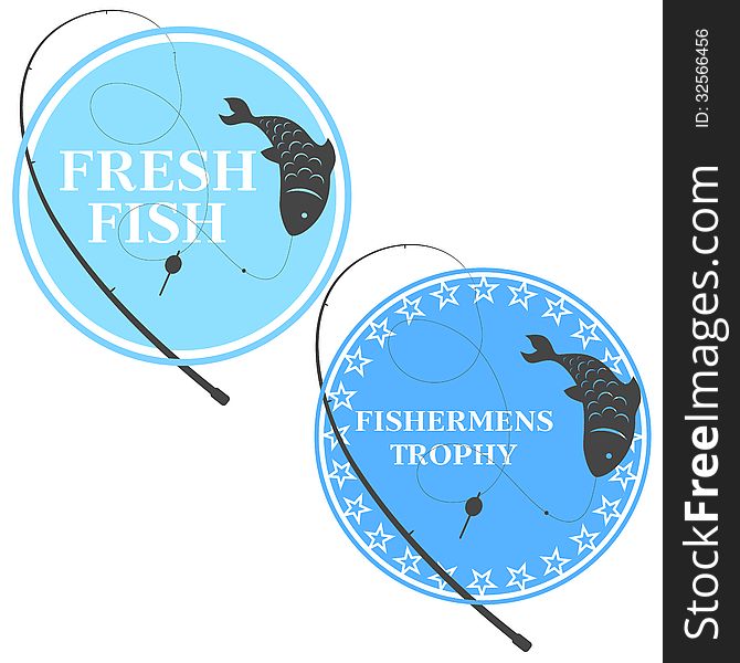 Design emblem for fishing, fishing rod and fish