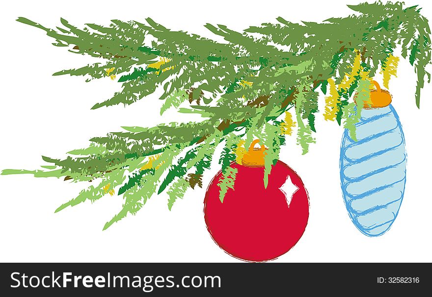Christmas fir-tree branch with Christmas toys. Christmas fir-tree branch with Christmas toys