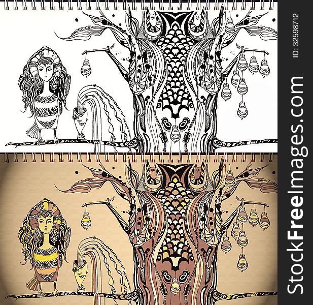 Fabulous character is sitting on a branch of a magic tree and protects the miraculous pears. 1st: ink, hand-drawing Second: is colored computer graphics. Fabulous character is sitting on a branch of a magic tree and protects the miraculous pears. 1st: ink, hand-drawing Second: is colored computer graphics
