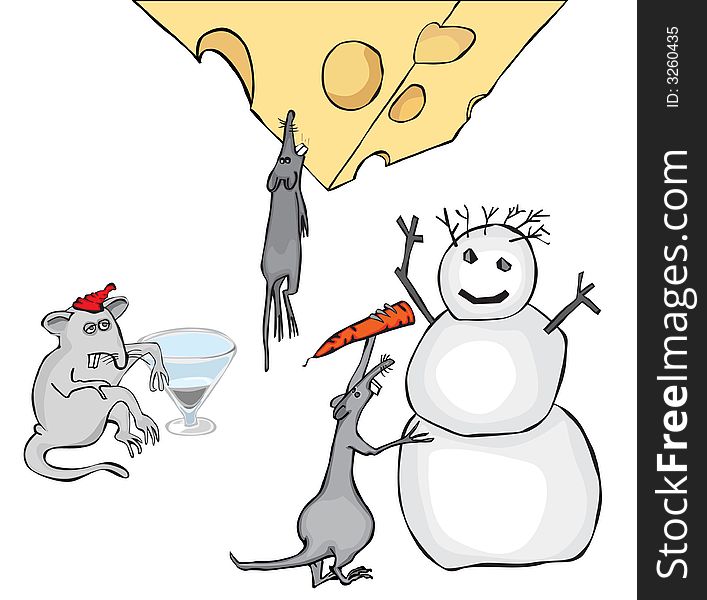 Mice before new year with a snowball, a wine-glass and cheese. Mice before new year with a snowball, a wine-glass and cheese