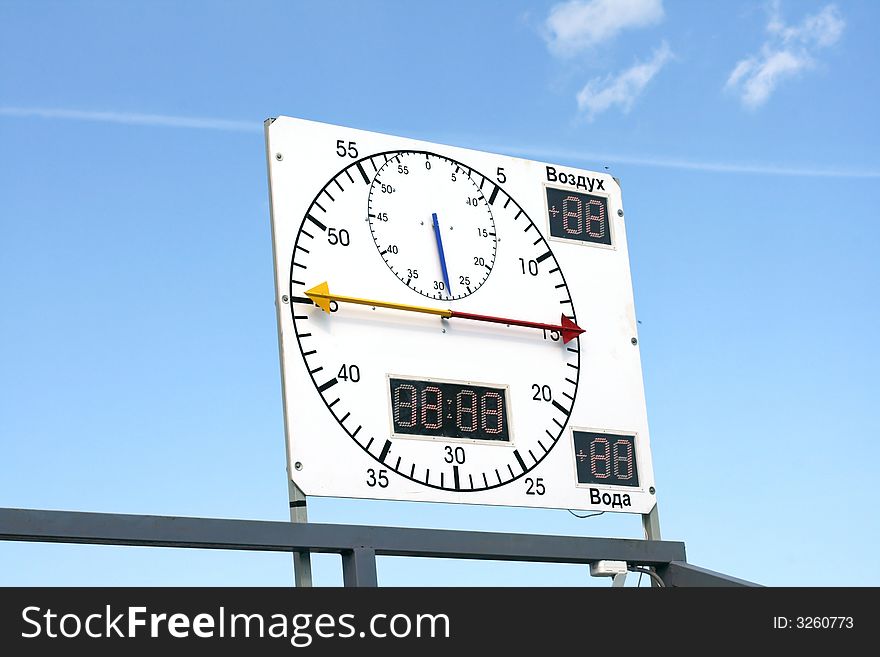 Information board in sports pool on a background of the sky. Information board in sports pool on a background of the sky