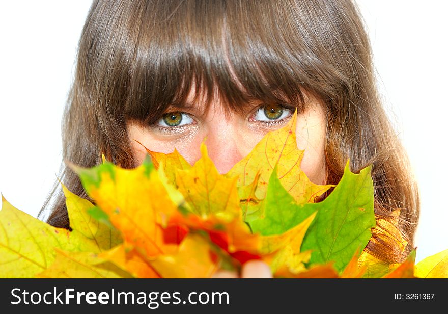 Girl with maple leaves isolated over white background. Shallow DOF, focus on the eyes.