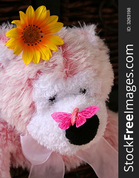 Soft pink Teddy bear with a pink butterfly on its nose and a flower behind its ear