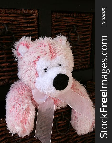 Pink and White teddy bear with a ribbon around its neck. Pink and White teddy bear with a ribbon around its neck