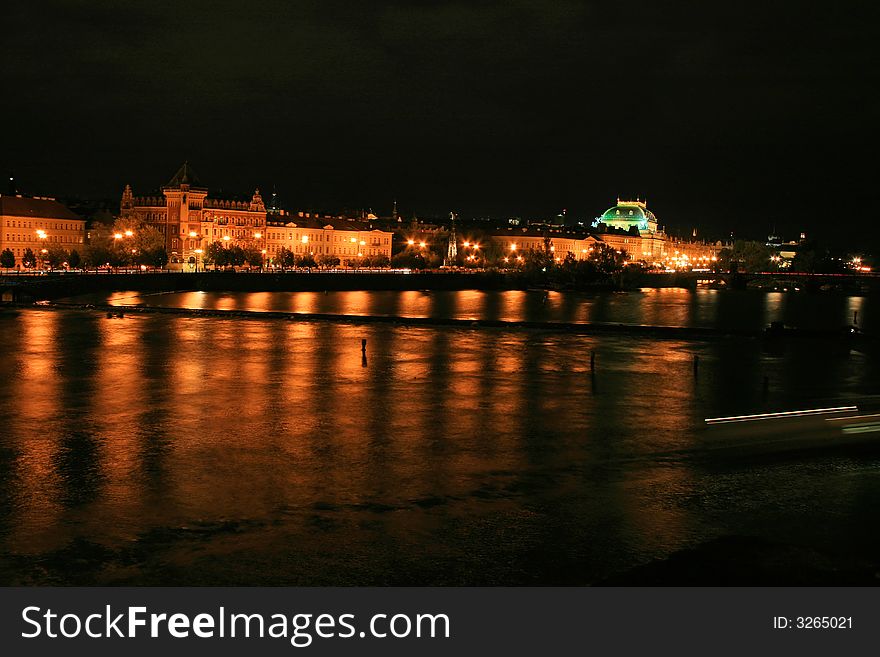 The night view of the beautiful Prague City along the River Vltava