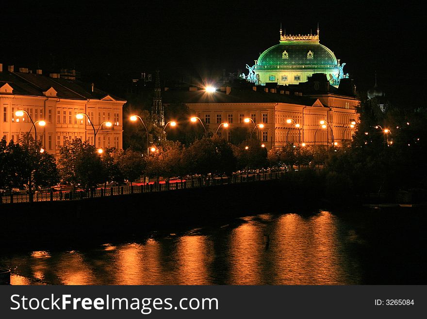 The night view of the beautiful Prague City along the River Vltava