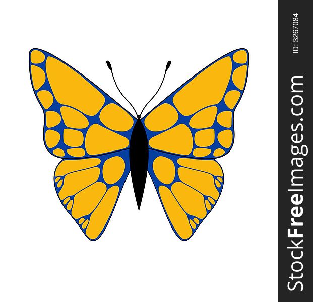 Illustrated orange and blue butterfly outlined in black. Illustrated orange and blue butterfly outlined in black