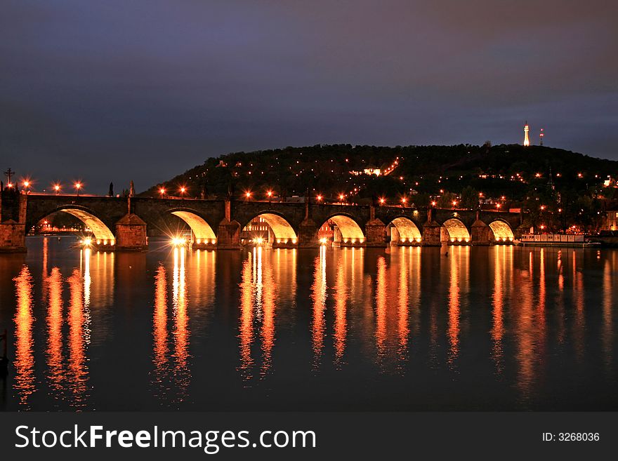 The night view of the Charles Bridge in Prague City