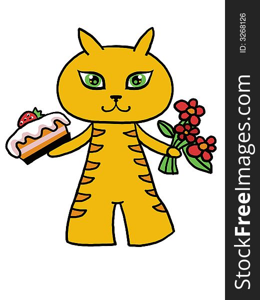 Funny cat with cake and flowers. Funny cat with cake and flowers