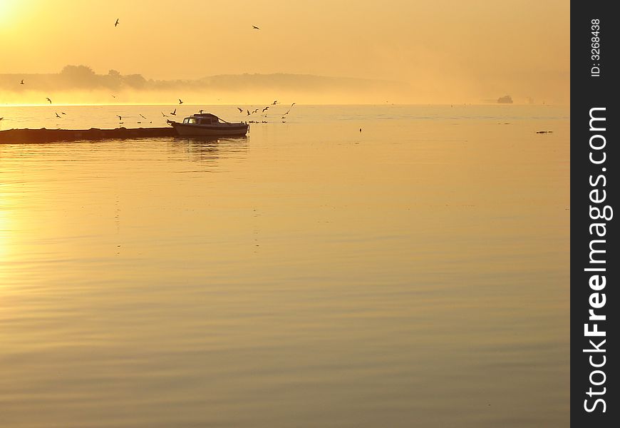 River in dawn. Boat, seagulls and mist.