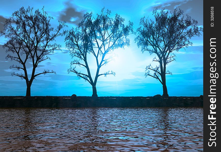Trees on coast of the channel - digital artwork. Trees on coast of the channel - digital artwork