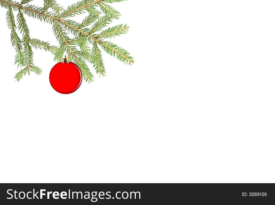 Red ball on a fur-tree branch on a white background.