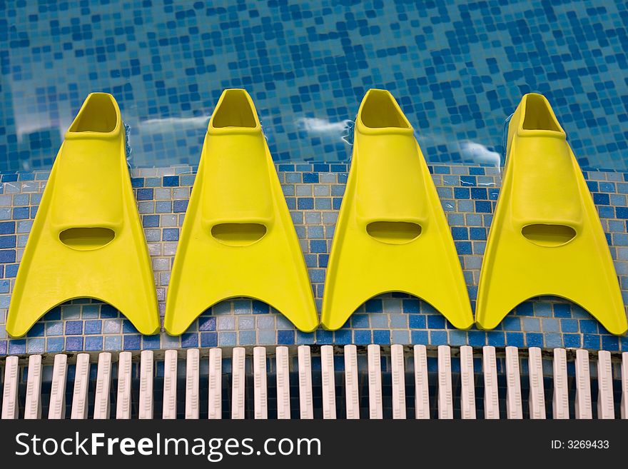 Four yellow flippers expecting swimmers