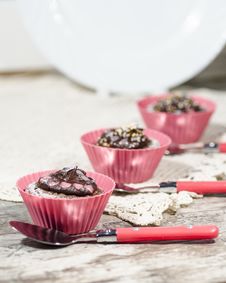 Diet Chocolate Cupcakes And Three Spoons. Vertical Format Stock Image