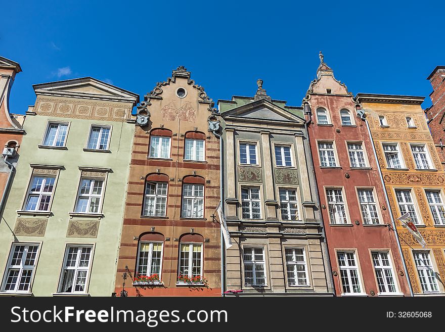 Facades of ancient tenements in the old town in Gdansk, Poland.