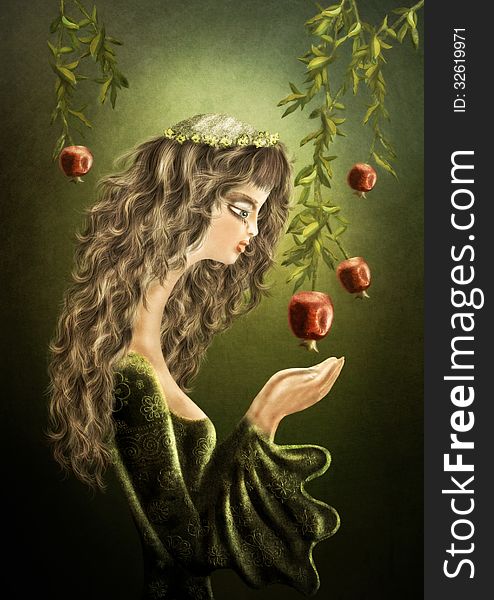The fictional image of the girl on a vintage background with garnets ,armenian coloring. The fictional image of the girl on a vintage background with garnets ,armenian coloring.