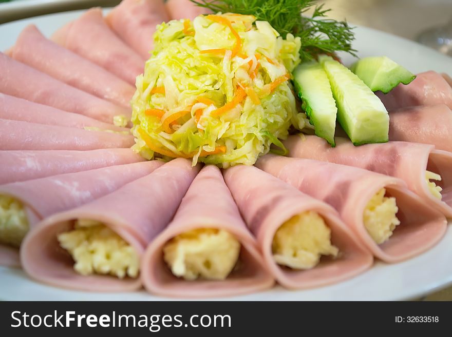 Cold appetizer ham and cabbage salad. Cold appetizer ham and cabbage salad