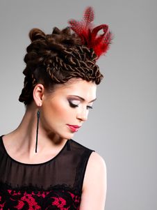 Woman With Fashion Hairstyle With Red Feather In Hairs Royalty Free Stock Photo Woman With Fashion Hairstyle With Red Feather In Hairs Royalty Free Stock Photo