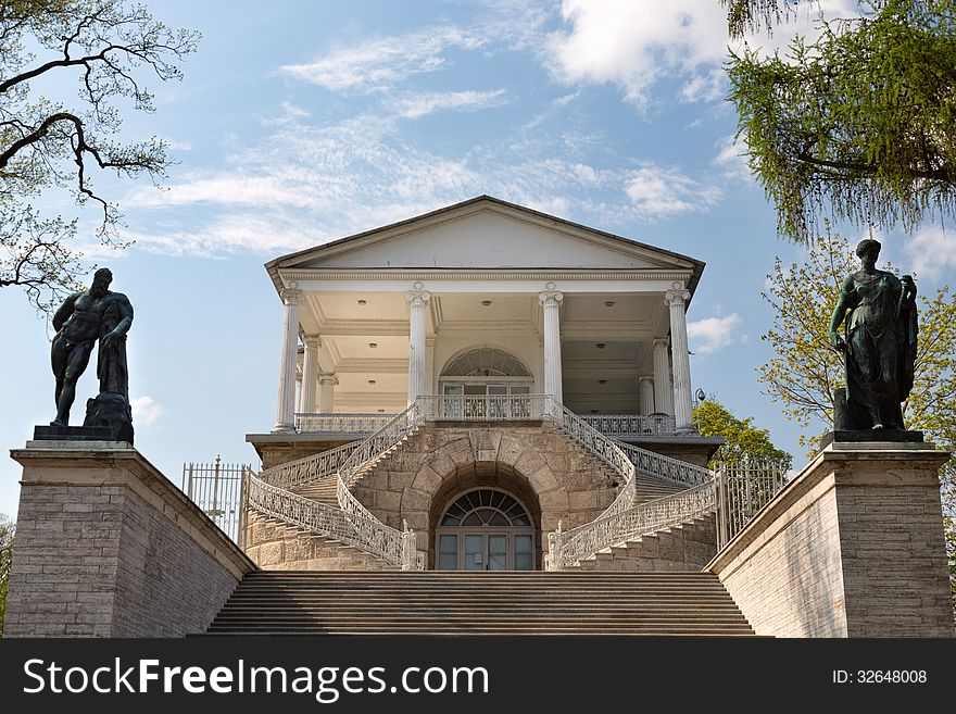 Entrance to the old building, with a grand staircase sculpture. St. Petersburg, Russia, Catherine Park