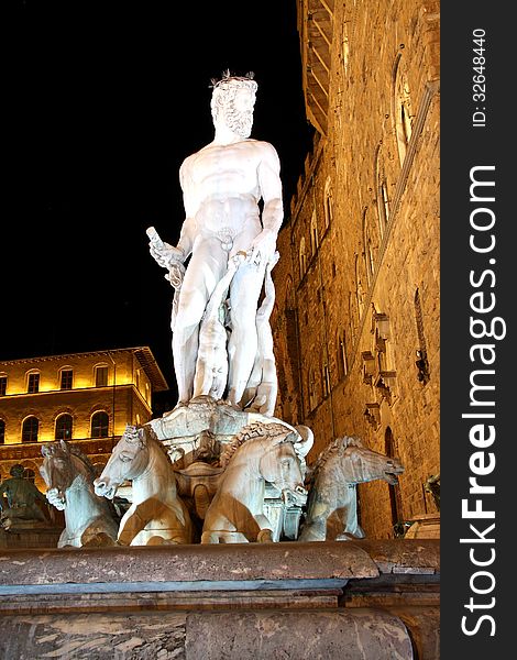Fountain of Neptune in Florence (Tuscany, Italy) at night. It is located on the Piazza della Signoria, in front of the famous Palazzo Vecchio. The fountain was commissioned in 1565 and is the work of the sculptor Bartolomeo Ammannati. Fountain of Neptune in Florence (Tuscany, Italy) at night. It is located on the Piazza della Signoria, in front of the famous Palazzo Vecchio. The fountain was commissioned in 1565 and is the work of the sculptor Bartolomeo Ammannati.