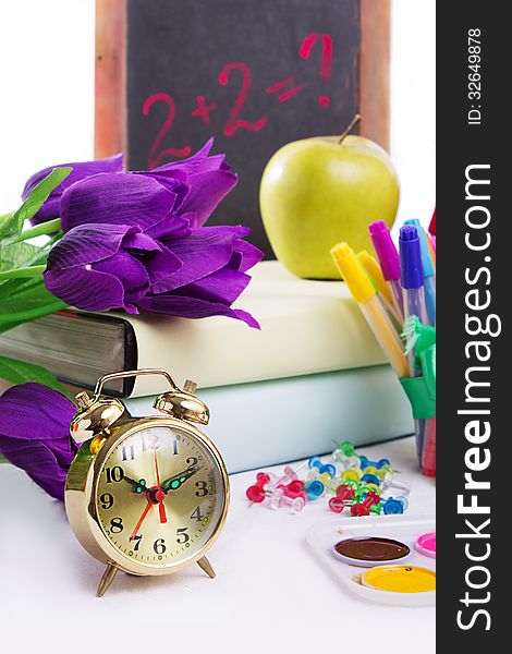 Clock, Flowers And Apple, Back To School Concept