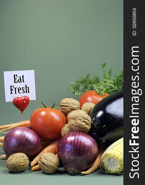 Eat Fresh Message Sign With Fresh Raw Vegetarian Food - Vertical.