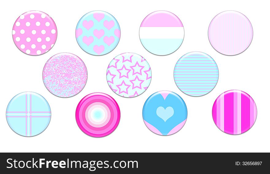 Eleven girly badges. made in soft pink blue and white