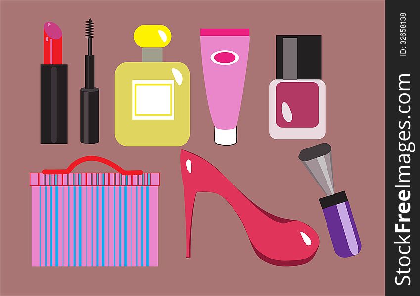 Pattern make-up, perfume female equipment, womens accessory, cosmetics product. Pattern make-up, perfume female equipment, womens accessory, cosmetics product