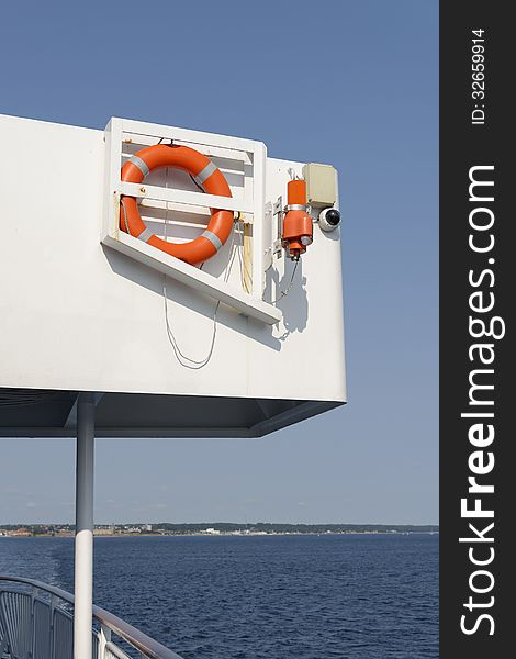 Next to lifeboats life buoys belong to the essential life saving equipment on ships like the one here on a ferry boat between Denmark and Sweden. Next to lifeboats life buoys belong to the essential life saving equipment on ships like the one here on a ferry boat between Denmark and Sweden.