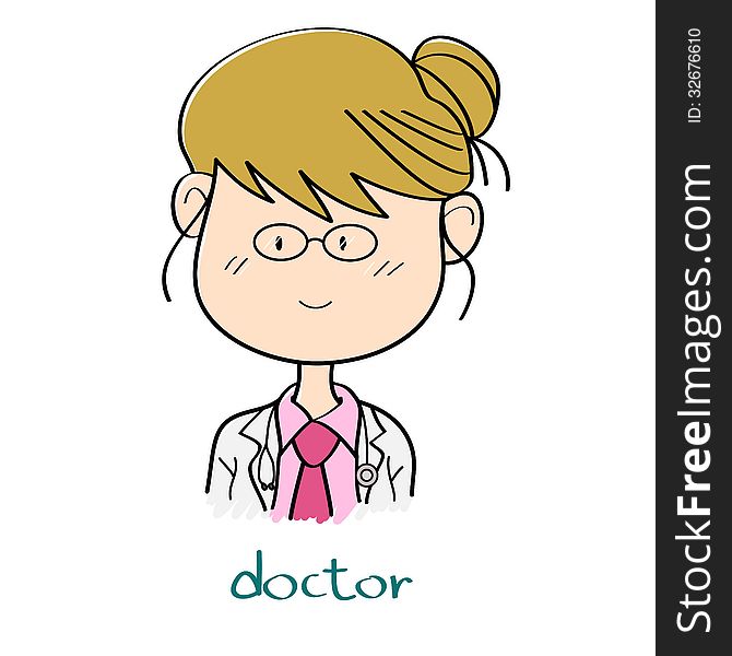 Female doctor in cartoon style with word doctor. Female doctor in cartoon style with word doctor