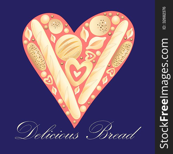 Different tasty bread on the background of the heart. Different tasty bread on the background of the heart