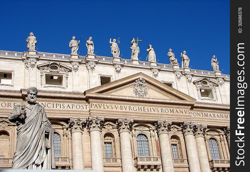 The statues on the balustrade represent Christ the Redeemer (19 feet high), St. John the Baptist and 11 Apostles. St. Mathias is included because he is associated with the other Eleven in bearing witness to Christ's Resurrection. Gregory XVI (1831-1846) had commissioned Giuseppe De Fabris to sculpt The Statue of St Peter. The eight gigantic columns of the facade are almost 10ft wide and 90 feet high. The statues on the balustrade represent Christ the Redeemer (19 feet high), St. John the Baptist and 11 Apostles. St. Mathias is included because he is associated with the other Eleven in bearing witness to Christ's Resurrection. Gregory XVI (1831-1846) had commissioned Giuseppe De Fabris to sculpt The Statue of St Peter. The eight gigantic columns of the facade are almost 10ft wide and 90 feet high.