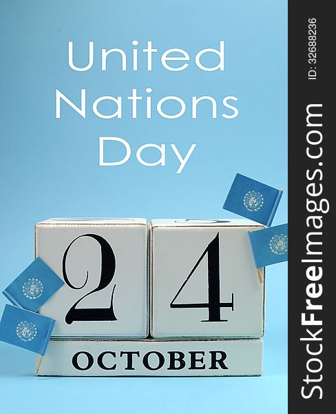 Save the Date white block calendar for October 24, United Nations Day - vertical.