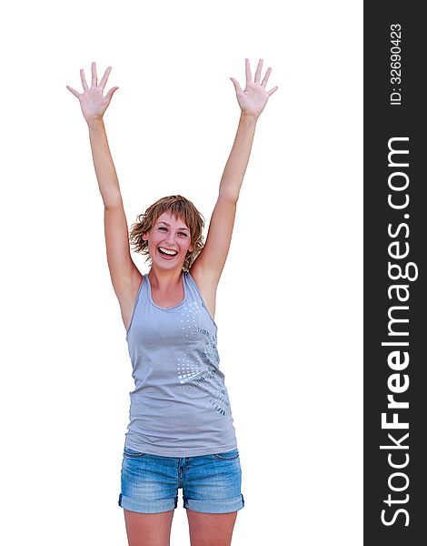 Young happy woman with hands up, isolated on white. Young happy woman with hands up, isolated on white