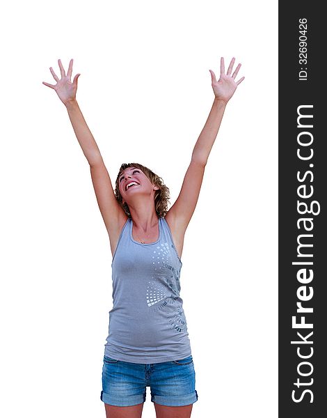 Young happy woman with hands up looking up, isolated on white. Young happy woman with hands up looking up, isolated on white