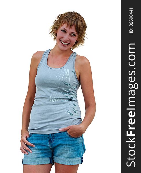 Woman smiling and puts hand inside pocket of denim jeans. Woman smiling and puts hand inside pocket of denim jeans