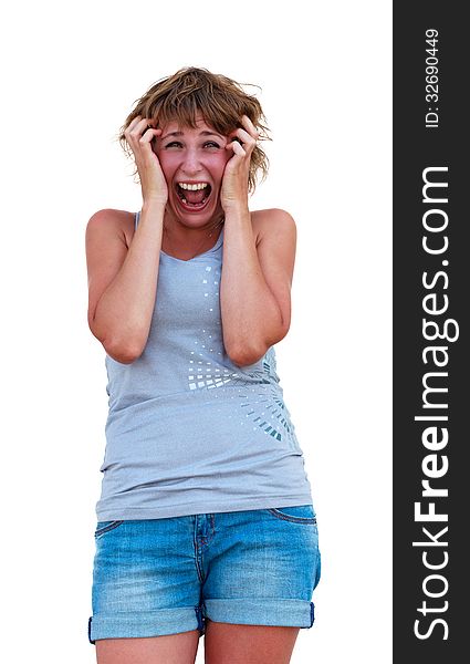 Frightened and stressed young woman. Caucasian woman isolated on white background. Frightened and stressed young woman. Caucasian woman isolated on white background.