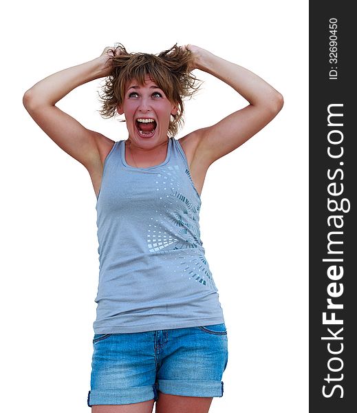 A portrait of a young frustrated woman pulling out hair over white background