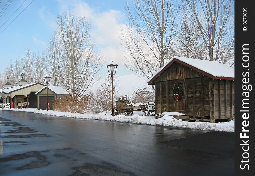 Winter scene in small village. Winter scene in small village.