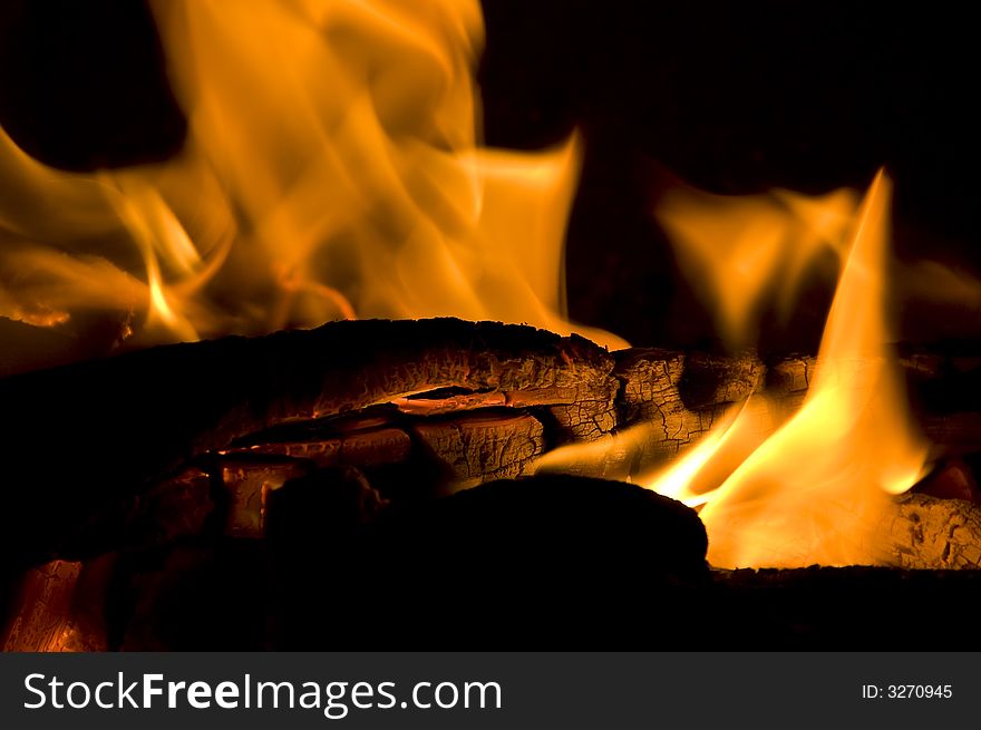 A close up view of a wood burning fire.