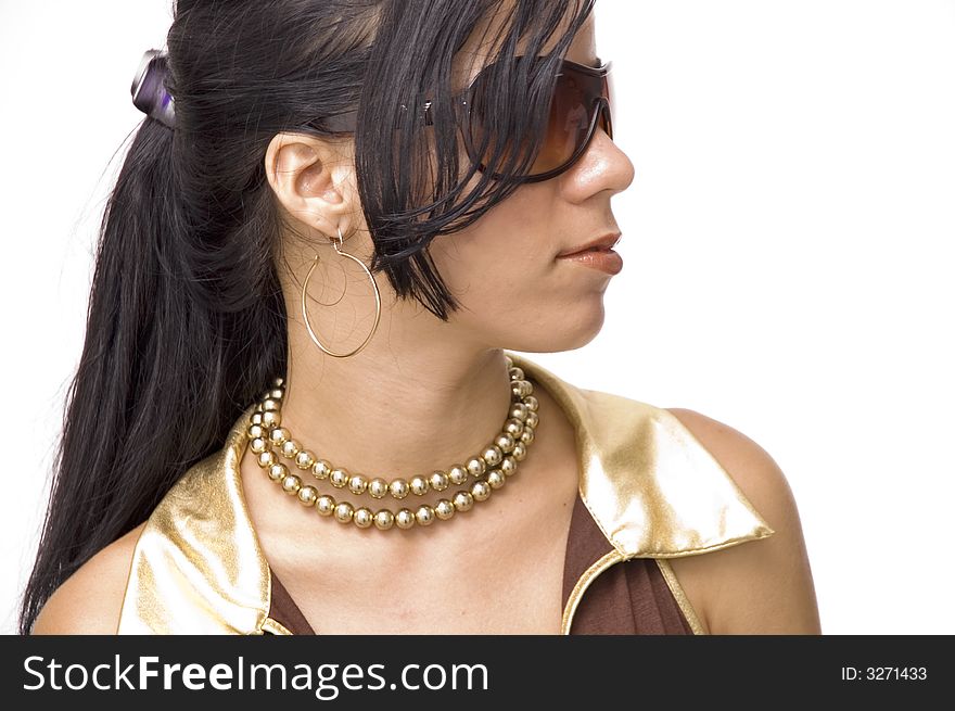 Portrait of young fashion brunette girl with sunglasses - isolated. Portrait of young fashion brunette girl with sunglasses - isolated