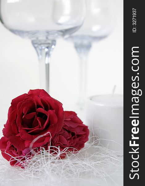 Vine glass and red roses, Wedding day. Vine glass and red roses, Wedding day