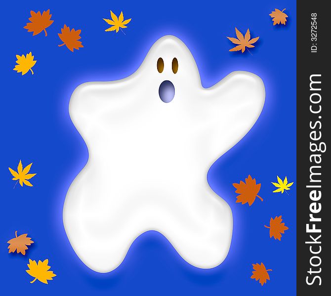 Spooky ghost floats with autumn leaves on blue background. Spooky ghost floats with autumn leaves on blue background