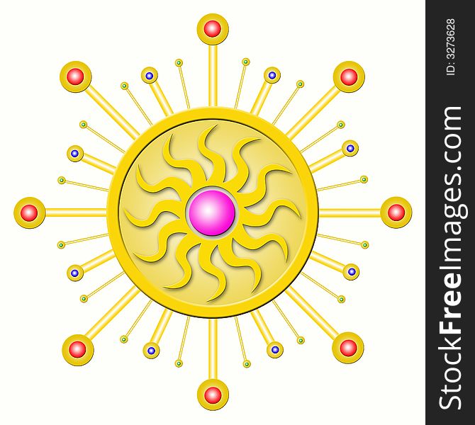 A fanciful peace of jewellery with colored balls and a sun in the center. Useful for advertising, print and web. A fanciful peace of jewellery with colored balls and a sun in the center. Useful for advertising, print and web