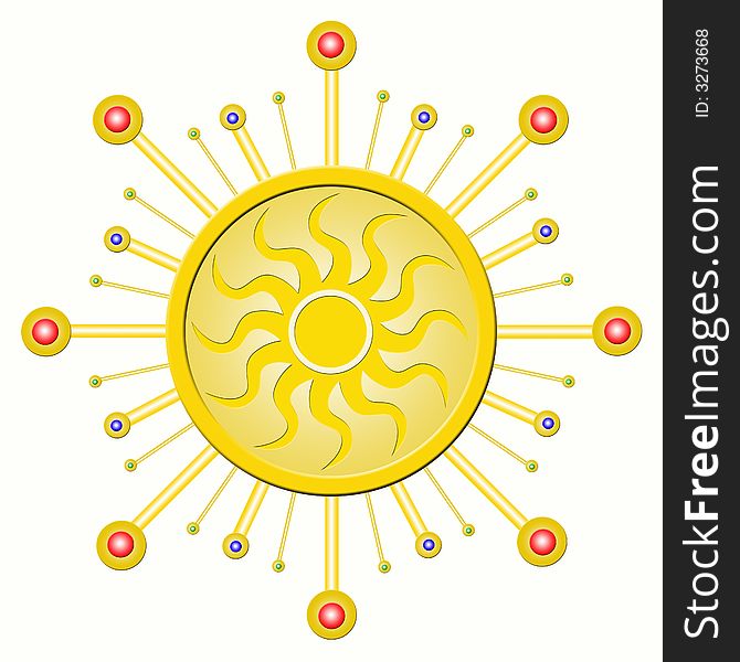 Cheerful golden plastic frame with a emblem of the sun in the center. Cheerful golden plastic frame with a emblem of the sun in the center